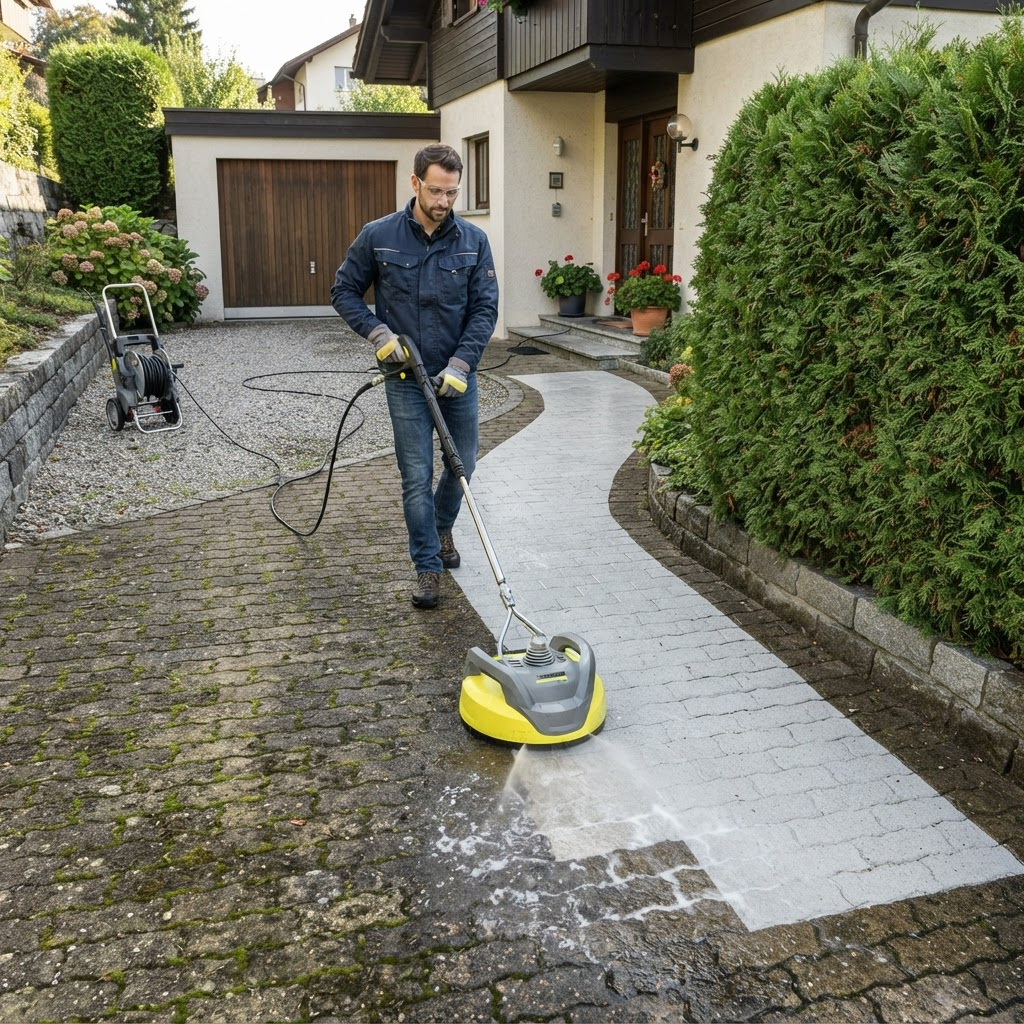 Allée pavée nettoyée avec un nettoyeur de surface