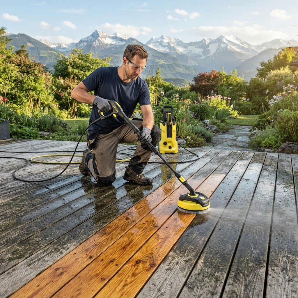 Terrasse en bois nettoyée et dégrisée
