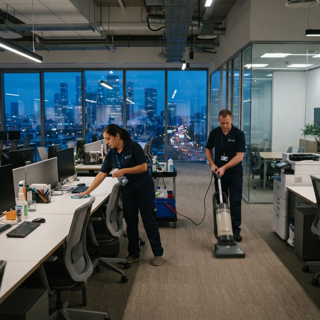 Deux agents de propreté nettoyant un bureau open space